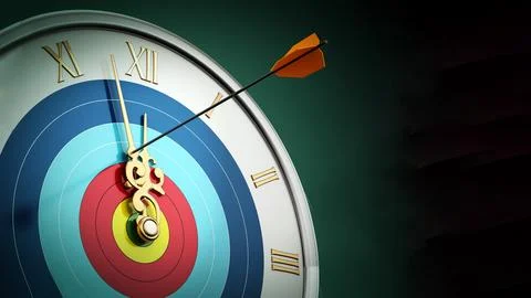 Arrow hit at clock hand stopping the time. 3D illustration Stock Illustration