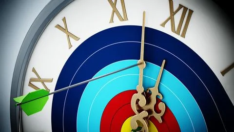 Arrow hit at clock hand stopping the time. 3D illustration Stock Illustration