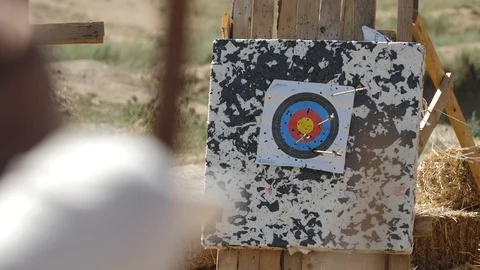 Arrow hits the target Slow motion shot Shot from the bow A small slip Stock Footage 100179891
