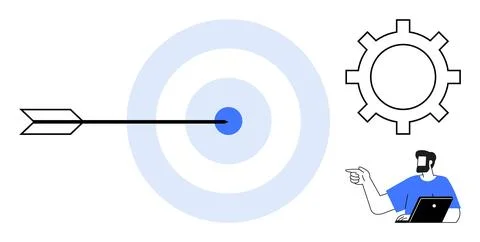 Arrow hitting blue target center, large cog, and person with laptop pointin.. Illustrazione stock