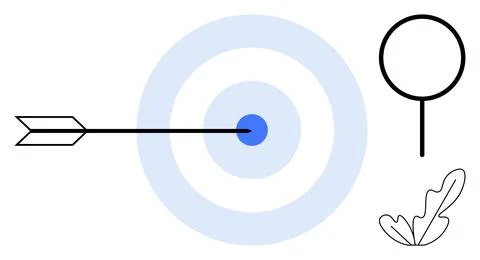Arrow hitting center of blue target with magnifying glass and leaf outlines.. Stock Illustration