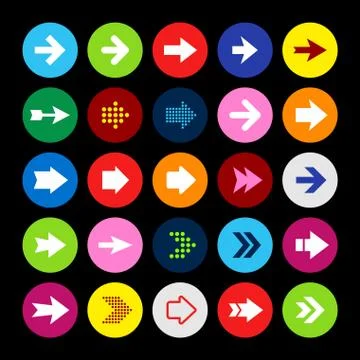 Arrow Icon set, arrows in circle shaped buttons on black background Stock Illustration