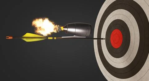 Arrow with jet engine flies to the target, concept on black background, 3d il Stock Illustration