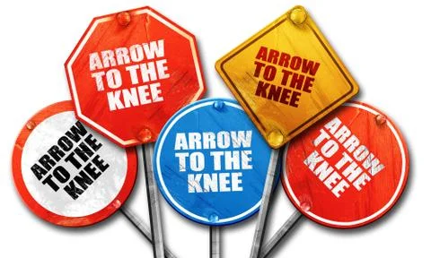 Arrow to the knee, 3D rendering, rough street sign collection Stock Illustration