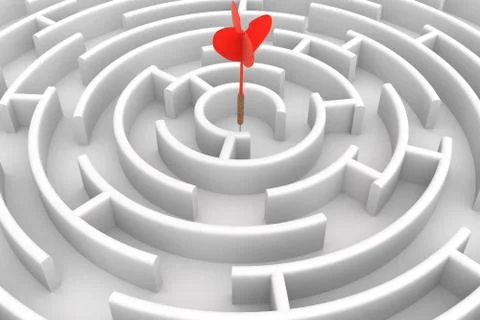 Arrow in the labyrinth centre. 3D image. Stock Illustration
