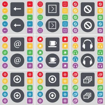 Arrow left, Arrow right, Stop, Mail, Cup, Headphones, Plus, Arrow up, Gallery ic Stock-Illustration