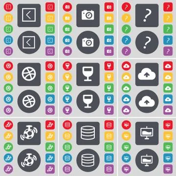 Arrow left, Camera, Question mark, Ball, Wineglass, Cloud, Speak icon symbol. A Stock Illustration