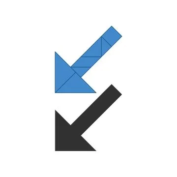 Arrow left down Tangram. Traditional Chinese dissection puzzle, seven tiling  Ilustração Stock
