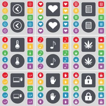Arrow left, Heart, Calculator, Note, Marijuana, Laptop, Hand, Lock icon symbol. Stock Illustration