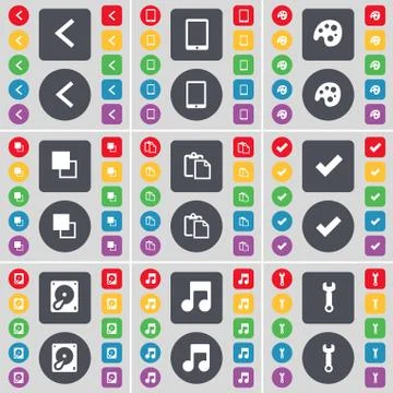 Arrow left, Tablet PC, Palette, Copy, Survey, Tick, Hard drive, icon symbol. A l Stock Illustration
