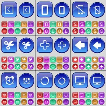 Arrow left, Zero, Smartphone, Scissors, Plus, Arrow left, Alarm clock, Monitor. 스톡 일러스트