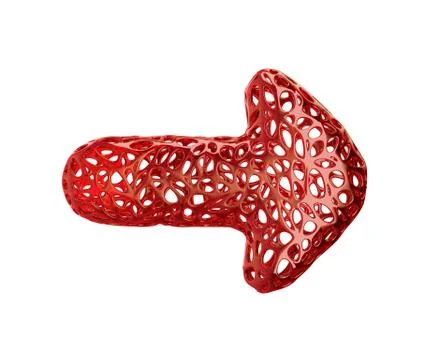 Arrow made of red plastic with abstract holes isolated on white background. 3d Stock Illustration