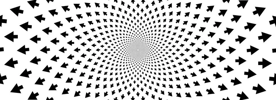 Arrow optical illusion background. Black and white hypnotic rotating arrows Stock Illustration
