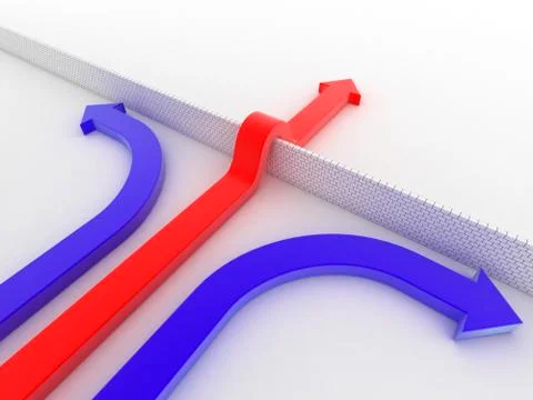 Arrow passing brick wall abstract 3d illustration - power solution 3d concept Stock Illustration