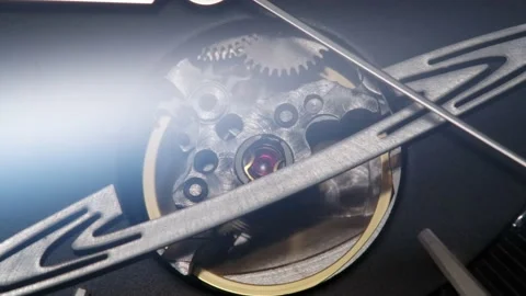 Arrow passing by gears in planet shape on swiss watch Stock Footage 141815299