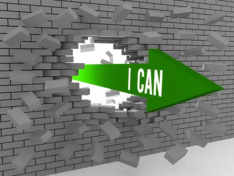 Arrow with phrase I Can breaking brick wall. Concept 3D illustration. Stock Illustration