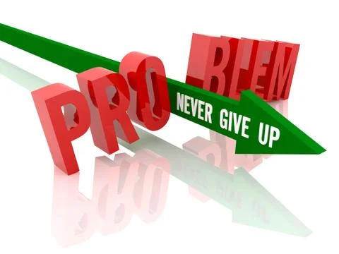 Arrow with phrase Never Give Up breaks word Problem. Concept 3D illustration. Ilustração Stock