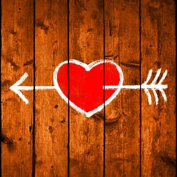 Arrow Piercing Red Heart on Realistic Texture Wood Illustrazione stock