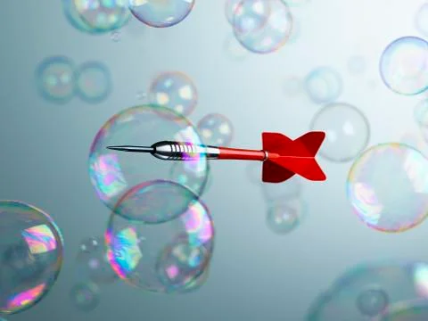 Arrow piercing translucent bubble on blue background Stock Photos