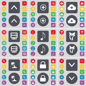 Arrow up, Plus, Cloud, Server, Note, Bow, Palm, Lock, Arrow down icon symbol. A 스톡 일러스트