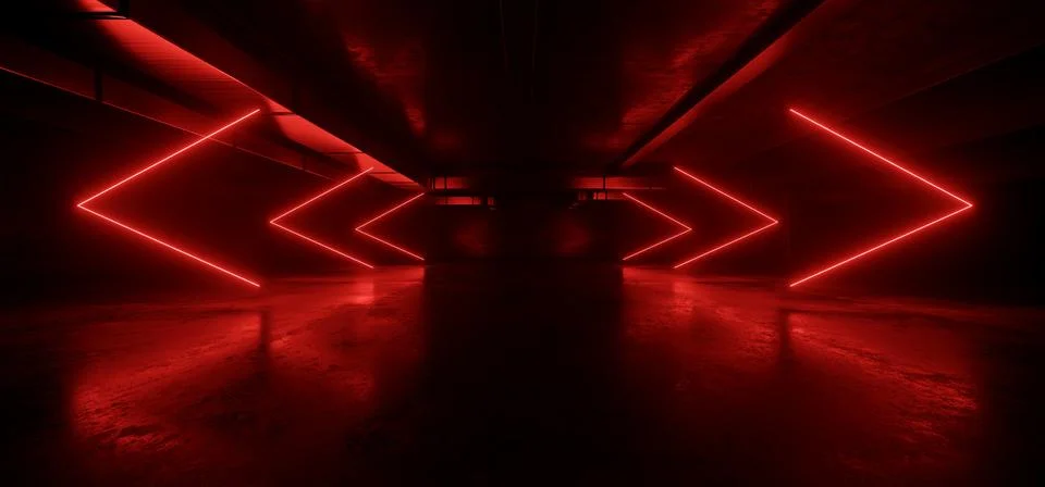Arrow Pointer Shaped Cyber Neon Glowing Red Lights Sci Fi Futuristic Garage D イラスト素材