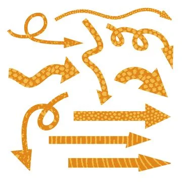 Arrow pointers vector set. Colorful orange direction cursors with hand drawn Stock Illustration