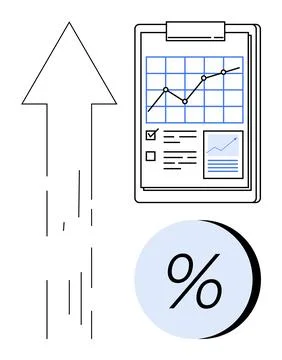 Arrow pointing up, clipboard with a line chart and data, percentage symbol. I Stock Illustration