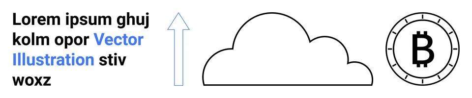 Arrow pointing up, cloud symbol, Bitcoin icon, placeholder text. Ideal for te Stock Illustration