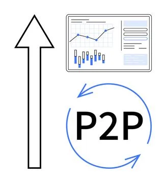 Arrow pointing up with data chart and graphs, P2P text inside circular arrows イラスト素材
