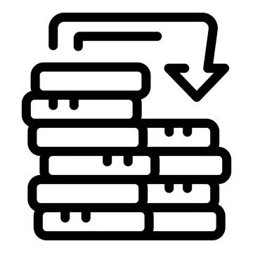 Arrow pointing down at decreasing stack of documents icon Stock Illustration