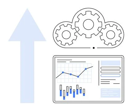 Arrow pointing upward, gears inside cloud, data charts including line and bar Stock Illustration