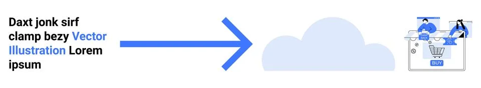 Arrow points towards a cloud signifying data transfer. Shopping cart and onli Illustrazione stock