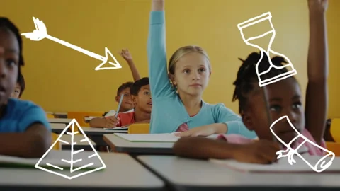 On arrow pyramid timer scroll icons fading students writing notebooks during Stock Footage 316186248