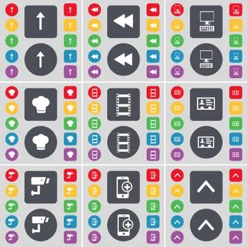 Arrow up, Rewind, PC, Cooking hat, Negative films, Contact, CCTV icon symbol. A Stock Illustration