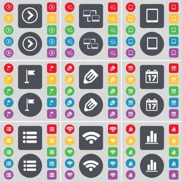Arrow right, Connection, Tablet PC, Golf hole, Pencil, Calendar, List, Wi-Fi, Di Stock Illustration
