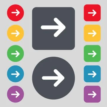 Arrow right, Next icon sign. A set of 12 colored buttons. Flat design. Vector Stock Illustration