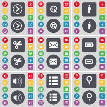 Arrow right, Web cursor, Silhouette, Scissors, Message, Battery, Sound, List, Ch Illustrazione stock
