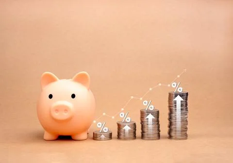 Arrow rising on coin stacks as graph steps with percentage icon and line gr.. Stock Photos