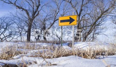 Arrow road sign in snow with trees Stock Photos