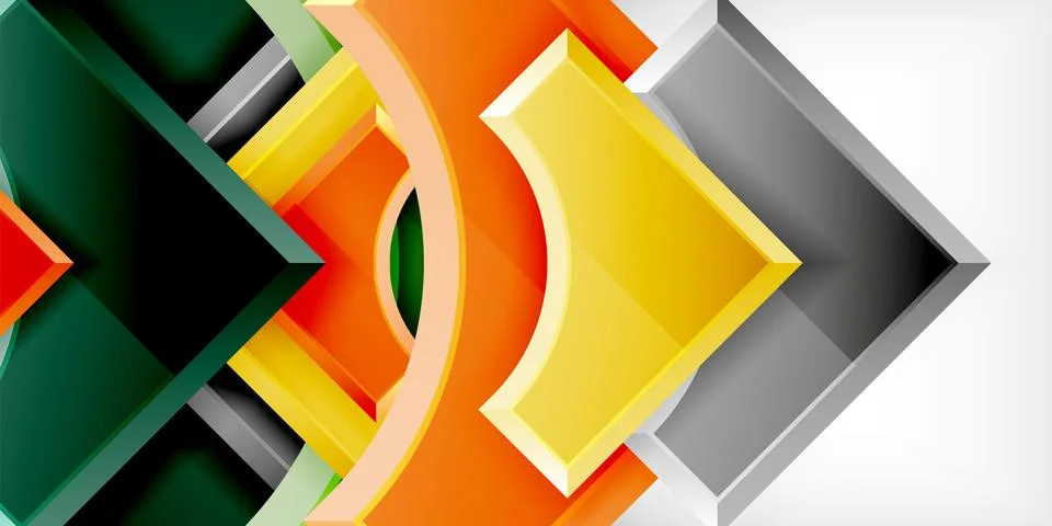 Arrow with round elements. Color geometric shapes background. Vector Illustrazione stock