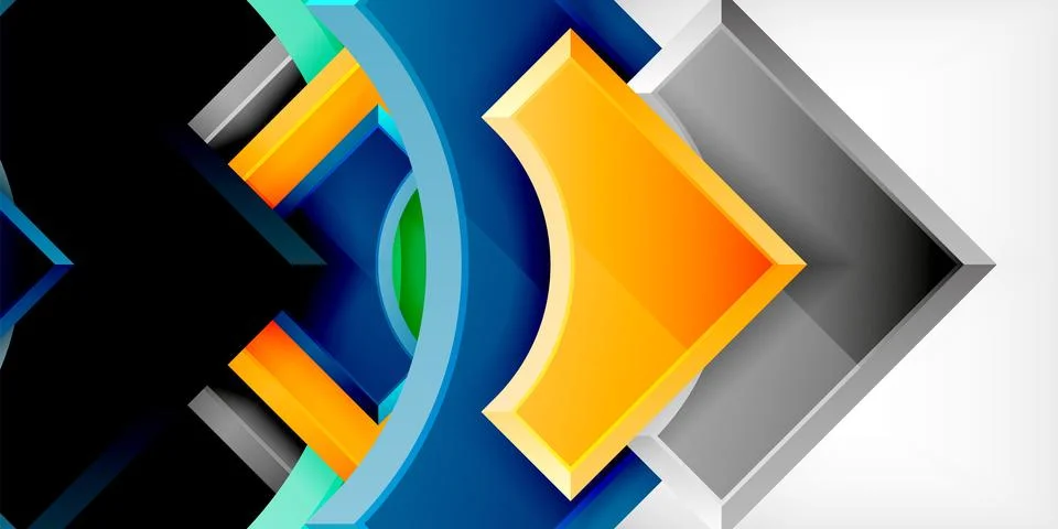 Arrow with round elements. Color geometric shapes background. Vector Illustrazione stock