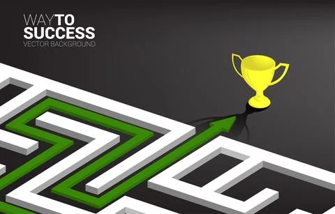Arrow with route path to exit the maze to golden trophy. Business concept for Stock Illustration