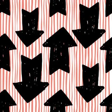 Arrow seamless pattern on stripes background. Black arrows patternon white ba Illustrazione stock