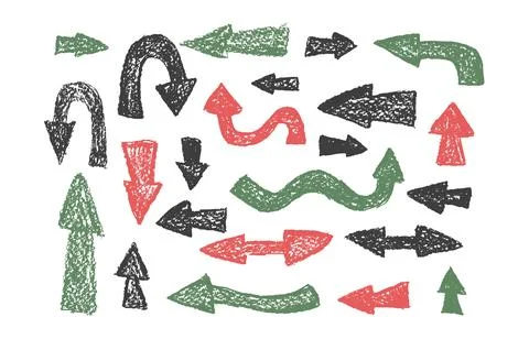 Arrow set crayon drawing. Chalk handwritten symbols. Red, black and green Stock Illustration