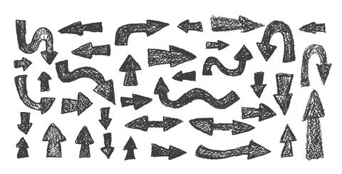 Arrow set pencil drawing. Chalk handwritten symbols. Pointers by pencil isolated Illustrazione stock