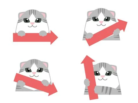 Arrow set pointing in 4 directions of a cute cat. Stock Illustration