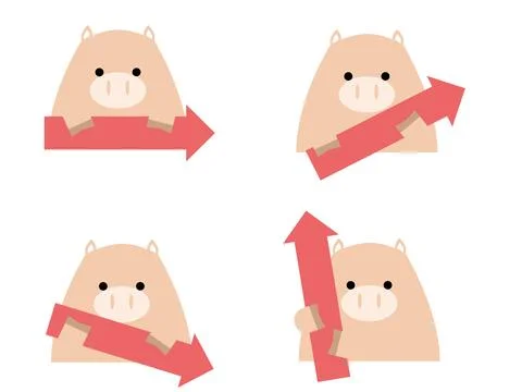 Arrow set pointing in 4 directions of a cute pig. Stock Illustration