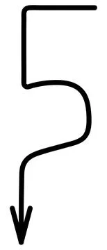 Arrow in the shape of number 5. Black arrow, forming a hook and curving down. Ilustración de archivo