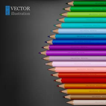 Arrow shape of rainbow colored pencils on dark grey background. Stock Illustration
