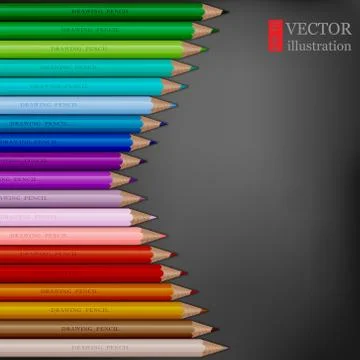 Arrow shape of rainbow colored pencils on dark grey background. Stock Illustration
